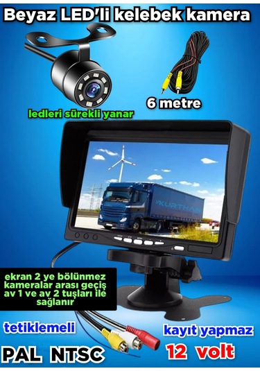 1 Adet Beyaz Ledli Kelebek Kamera 7'' Ekran Set Kayıt Yapmaz 12v