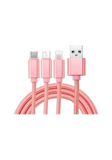 Sandwich Üçlü Bağlantı Lightning/type-c/micro Usb Nilon Dokuma Şarj Kablosu - Pembe, 2a Hızlı Şarj, Dayanıklı Kablo