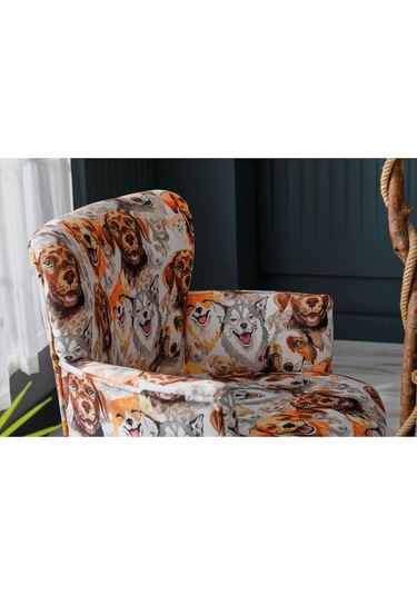 Roma Modern Tekli Koltuk Berjer - Dijital Baskılı Kumaş - Ahşap Ayak - Köpek Desen Köpekli