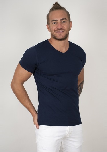 Deepsea Lacivert V Yaka Slim Fit Erkek Tişört 1801165 Lacivert
