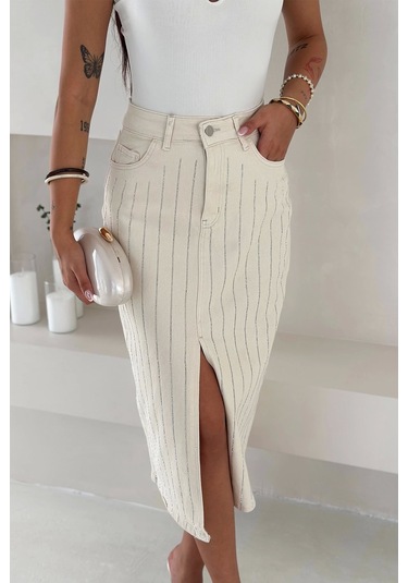 Paralel Taşlı Yırtmaçlı Denim Etek Beyaz Beyaz