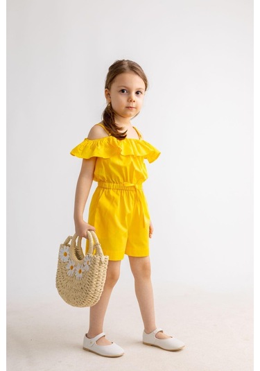 Oliventhekid Omuzdan Fırfırlı Poplin Kız Çocuk Tulum Sarı Sarı