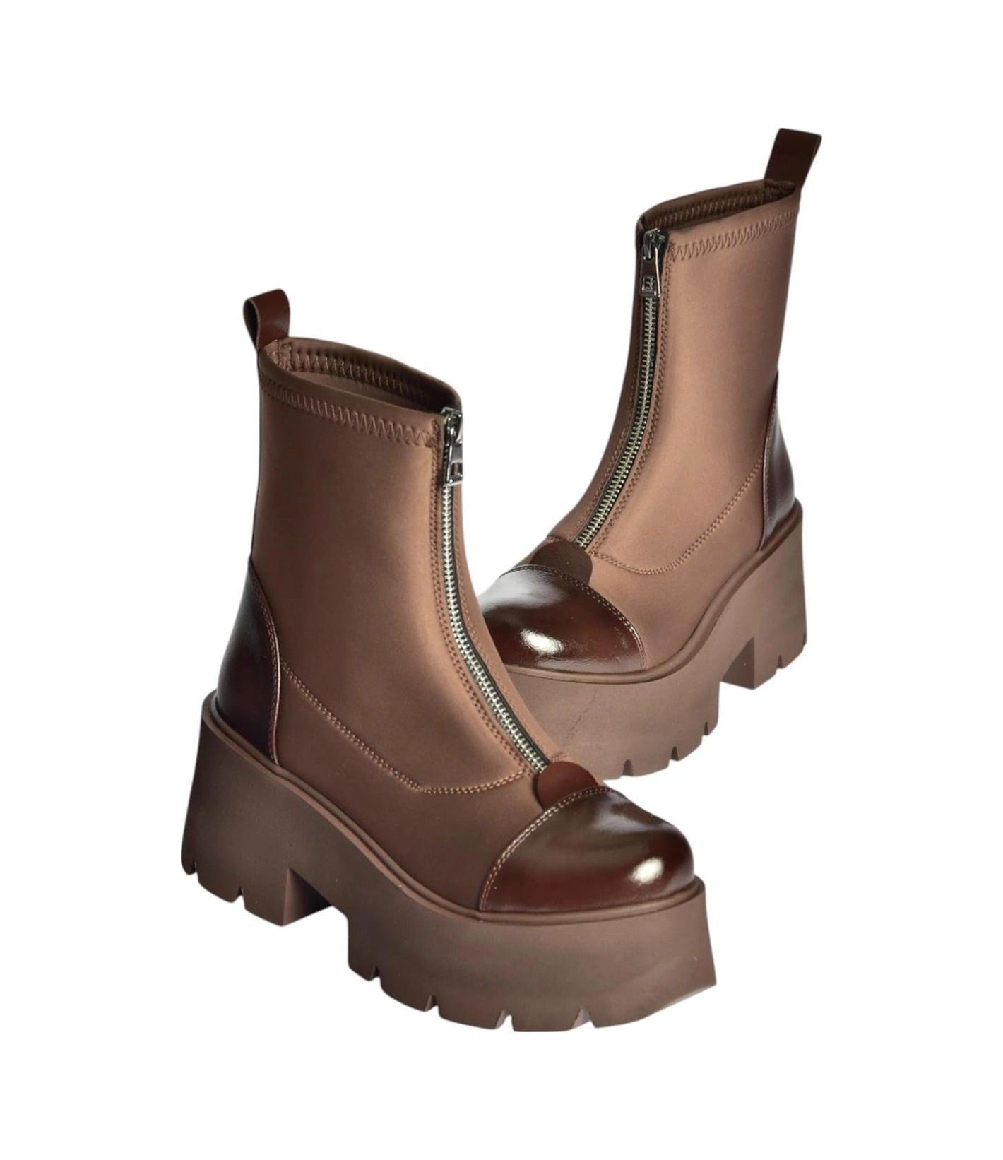 V820008604 Kahverengi Kumaş Kalın Tabanlı Fermuarlı Kadın Bot Kahverengi-kumaş