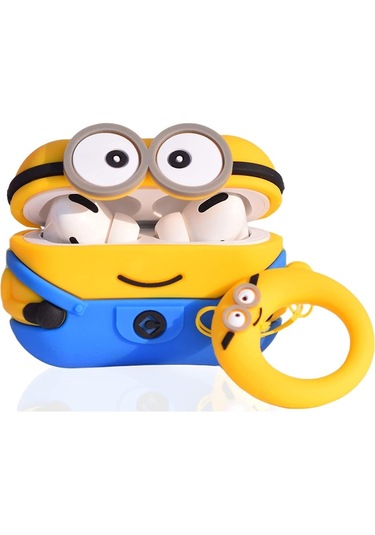 Apple Airpods Pro 3. Nesil 2025 Uyumlu Figürlü Silikon Kılıf Anahtarlıklı Kılıf Sarı - Mavi