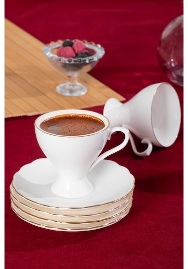 Porsima 4330 Emery 12 Parça 6 Kişilik Yaldızlı Porselen Türk Kahve Fincan Takımı Beyaz