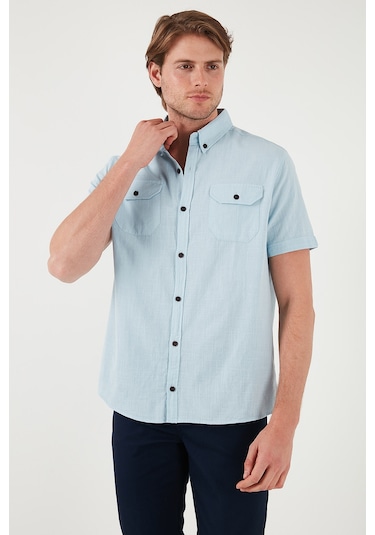 Buratti Düğmeli Yaka Pamuklu Slim Fit Cepli Erkek Gömlek Cf21S111153 Açık Mavi