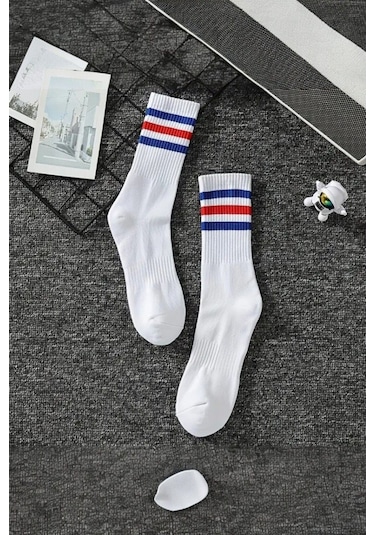 Unisex 3 Çift Premium Kalite Yüksek Pamuklu Kolej Çorap Mavi Kırmızı Çizgili Beyaz