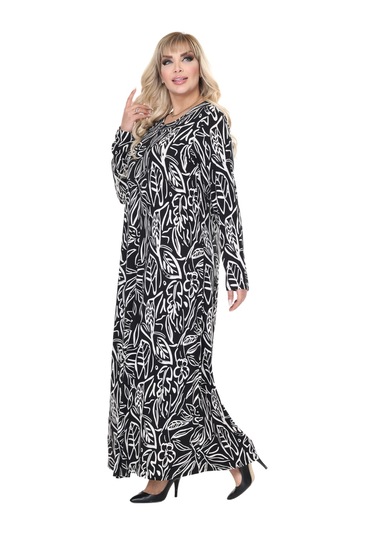 Melsay Butik Siyah Yaprak Desen Uzun Kollu Kadın Tesettür Elbise Siyah