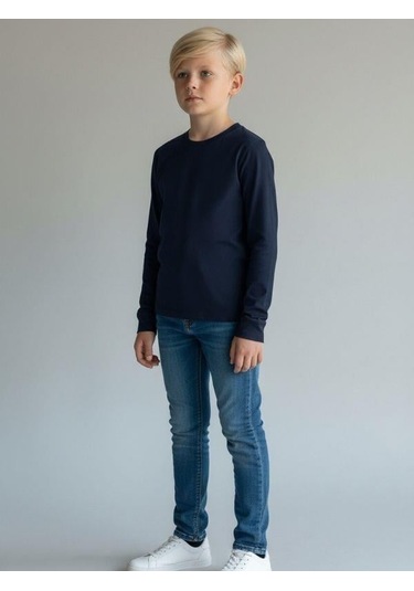 Zekids Erkek Çocuk Pamuklu Uzun Kol Basic T-shirt-16713 Lacivert
