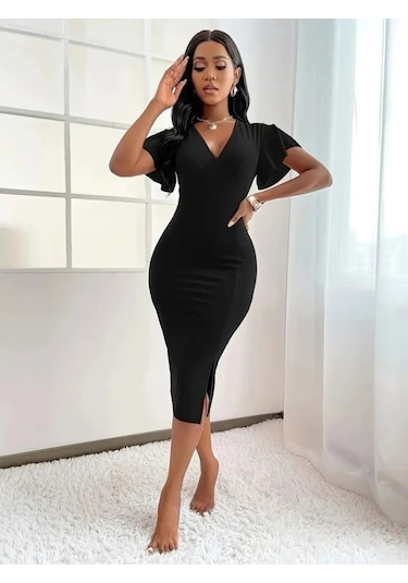 Ahes Shopping Kadın Kısa Kollu Derin Dekolte V Yakalı Yırtmaçlı Midi Janjan Krep Elbise Siyah