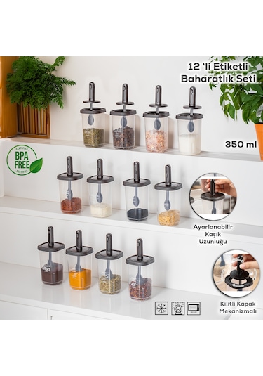 Porsima 1097 Kaydırmalı Kaşıklı Baharatlık Seti 12'li  Şeffaf - Antrasit