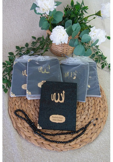 5 Adet Keseli Tesbihli İsim Baskılı Kadife Kaplı Yasin Mevlüt Kitabı Seti Hediyesi Siyah