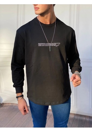 Modefendi Yarım Oversize Yazı Detaylı Sweat Siyah