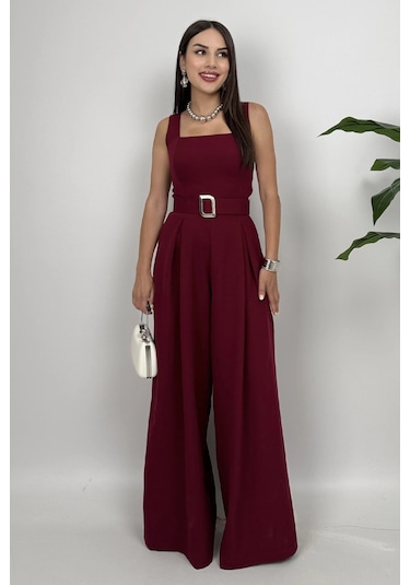 Noir Flow Kadın Bordo Kemerli Askılı Bol Paça Tulum Zarif Şıklık Bordo