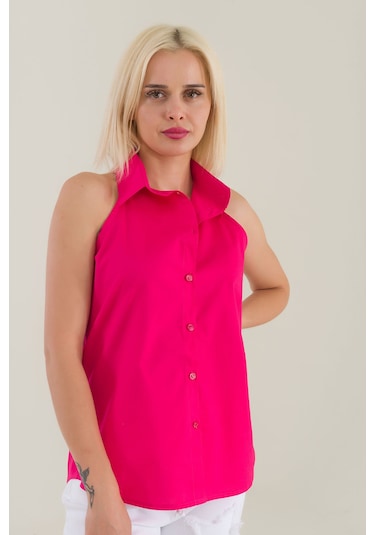 Bold & Young Kadın Fuşya Kolsuz Omuz Açık Likralı Poplin Gömlek 9208 Fuşya