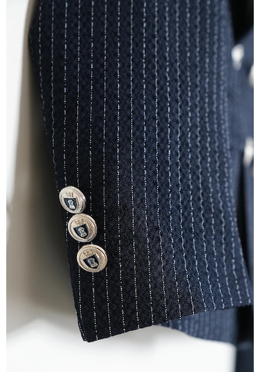 Erkek Çocuk Çizgili Ceket Gömlek Pantolon Papyonlu Takım Elbise Te.1001y Lacivert