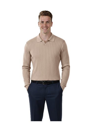 Deepsea Erkek Bej Polo Yaka Fitilli Triko Kazak Pamuk, Esnek Dokulu, Modern Kalıp 2605305 Bej