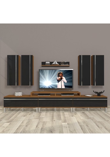 Decoraktiv Ekoflex 8d Mdf Krom Ayaklı Tv Ünitesi Tv Sehpası Ceviz - Siyah