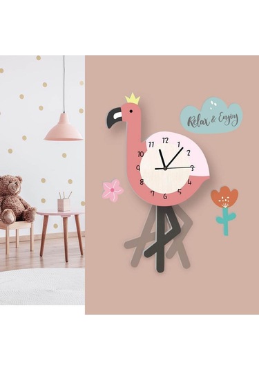 Sallanan Sarkaçlı Flamingo Desenli Çocuk Odası Duvar Saati Çok Renkli