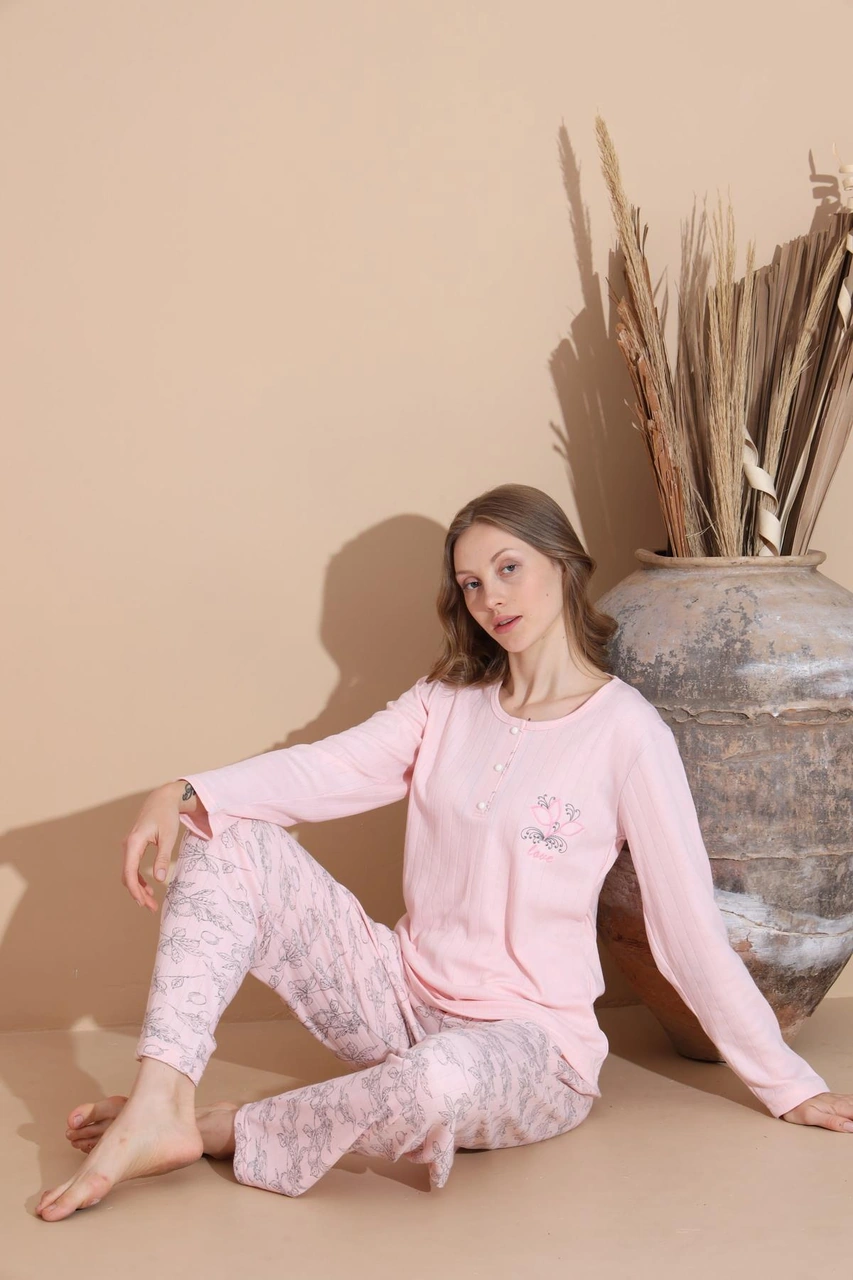 Lindros Kadın Pamuk'lu Düğme Yaka Raporlu İnterlok Kışlık Pijama Takımı 05033 - 1 Adet Pembe