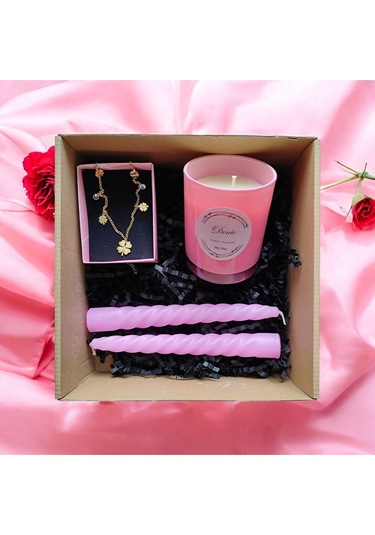 Denic Hediye Seti Kokulu Pembe Bardak Mum Yonca Kolye Burgulu Mum