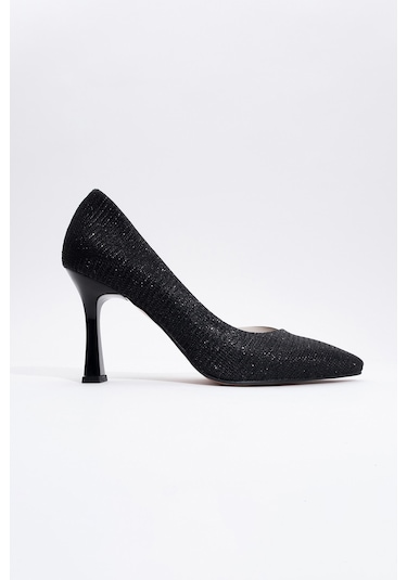 Luvishoes 653 Siyah Simli Topuklu Kadın Ayakkabı Siyah