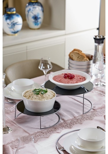 Edora Home Gümüş Ikili Büyük Boy Metal Sunumluk/ Siyah Pleksi Pasta Servis Seti - Paslanmaz