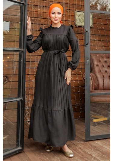 Fırfırlı Pilise Elbise 777 - Siyah