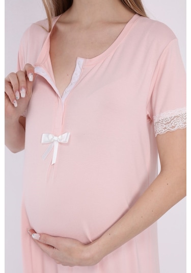 Luvmabelly Myra9592 Önden Çıt Çıtlı Dantelli Hamile Geceliği -pembe-pembe