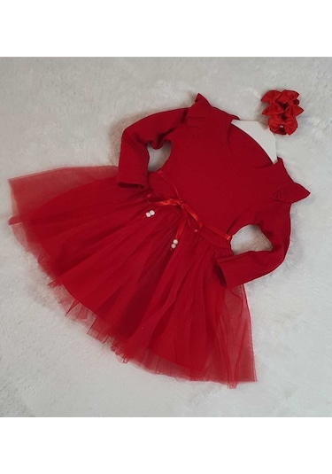 Kız Çocuk Kırmızı Pamuklu Tül Uzun Kol Özel Gün Doğum Günü Abiye Günlük Prenses Elbise Kırmızı