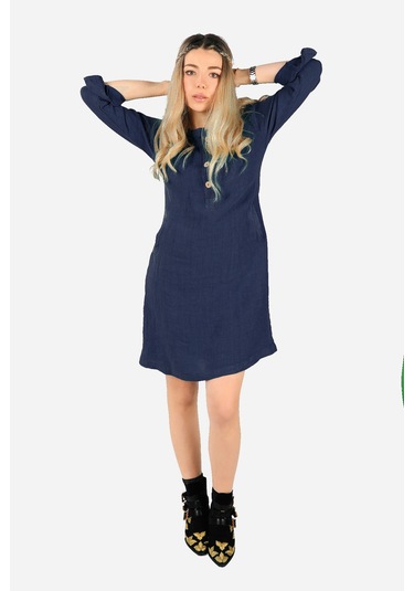 Keten Midi Elbise Lacivert