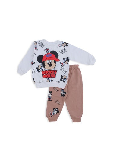 Erkek Bebek Mickey Mouse Baskılı Şapkalı Alt Üst 2'li Takım 001