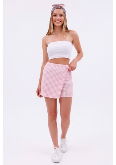 Zedefx Kadın Astarsız Cepsiz Günlük Stil Şort Etek Pembe