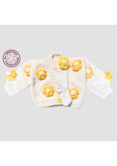 Uretti - Gülnur 2184 - El Örgüsü Çiçek Motifli Çoraplı Kız Çocuk Hırka 3 Yaş - Beyaz Beyaz