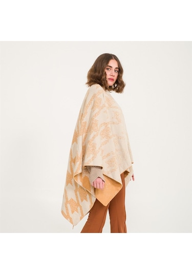 Kaz Ayağı Desen Çift Taraflı Triko Kadın Şal Panço-Safran-140X140 Safran