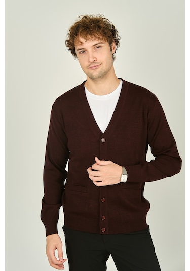 Ateş Triko Erkek V Yaka Düğmeli Uzun Kollu Yün Hırka 1020 K.bordo K.bordo Koyu Bordo