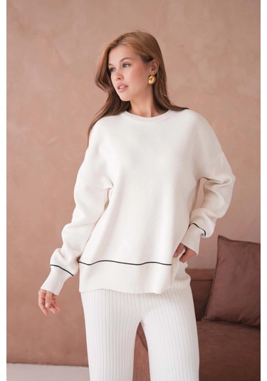 Kadın Bisiklet Yak Adüşük Kol Kazak Fitilli Pantolon İkili Triko Takım Taş