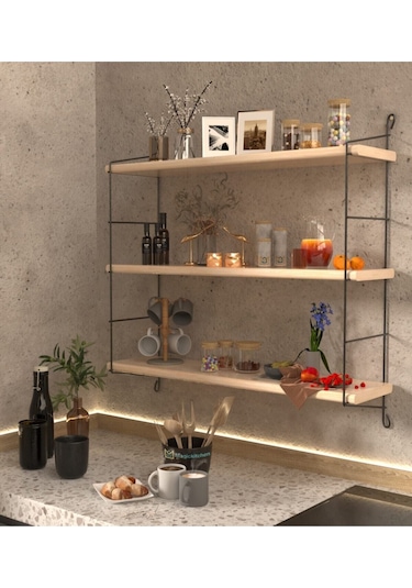 Corelle Kitchen Çam Doğal Ahşap Büyük Boy 3 Katlı Duvar Rafı
