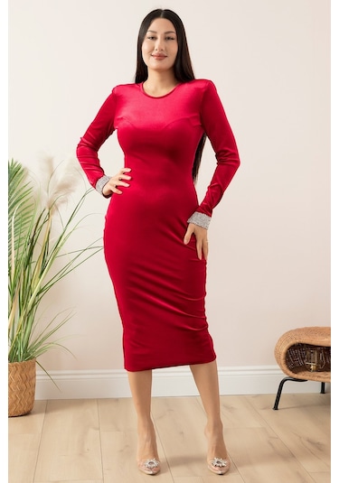 Kalopya Kollar Taşlı Vatkalı Kadife Elbise 4280- Kırmızı