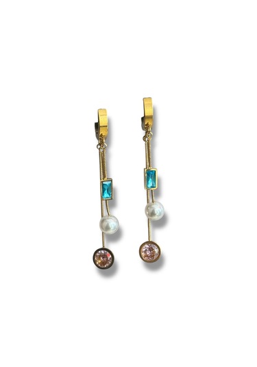 Kırmızı Sanat Evi Pembe Ve Mavi Taşlı Sallantılı Çelik Küpe