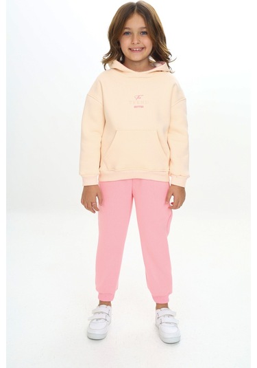 Toontoy Kız Çocuk Kapüşonlu Kanguru Cepli Nakışlı Eşofman Takım Pembe