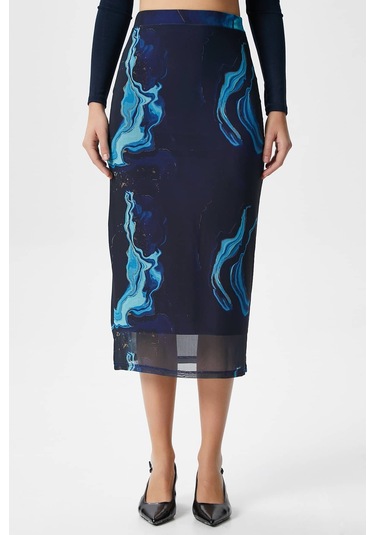 Kadın Dania Astarlı Bel Lastikli Şifon Mavi Midi Kalem Etek Mavi