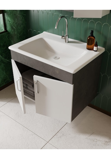 Karen Banyo Gümüş 65 Cm Lavabolu Banyo Dolabı Retro Gümüş-beyaz Lavabo Dahil Gümüş
