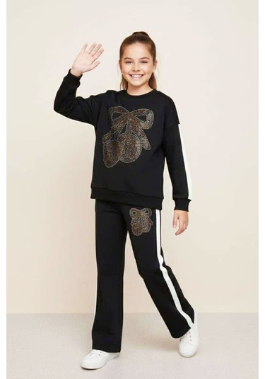 Kız Çocuk Taş İşlemeli Kiraz Ve Fiyonk Desenli-2 İplik-alt-üst Takım-5-12 Yaş 12445 Siyah