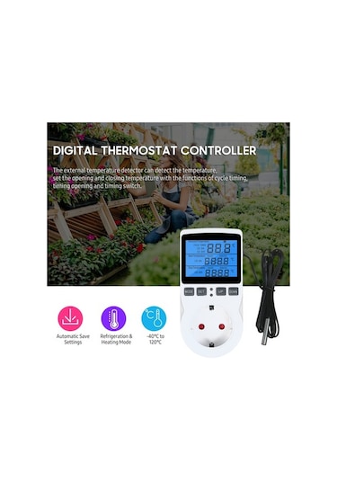 Çok Fonksiyonlu Dijital Termostatlı Priz - Isıtma/soğutma Modu, Zamanlayıcı, -40 C-120 C, 100-250vac, Eu Standart