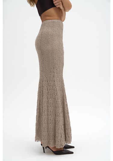 Veylia Uzun Vizon Dantel Etek Vizon