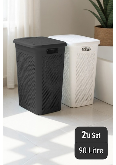 İronika Slim İki Bölmeli Kapaklı Dekoratif Kirli Çamaşır Sepeti 90 Litre Siyah - Beyaz Siyah