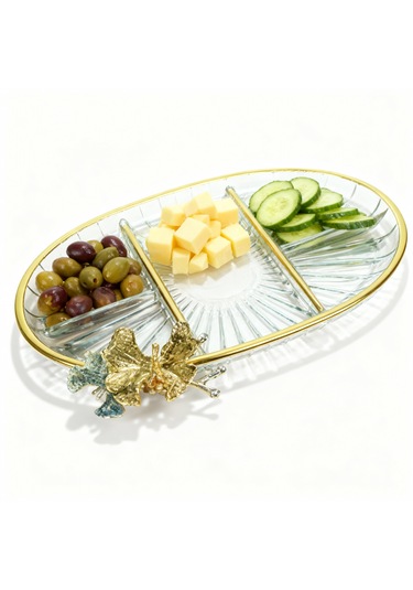 Lux Metal Ayaklı Gold Oval Kelebekli Sunumluk / Kurabiyelik Altın