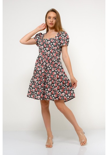 Kadın Kare Yaka Büzgü Detaylı Mini Elbise 4447/95 001