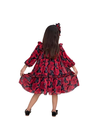 Riccotarz Kız Çocuk Yakası Ve Omuzları Fırfır Detaylı Çiçek İşlemeli Pliseli Kırmızı Elbise Kırmızı